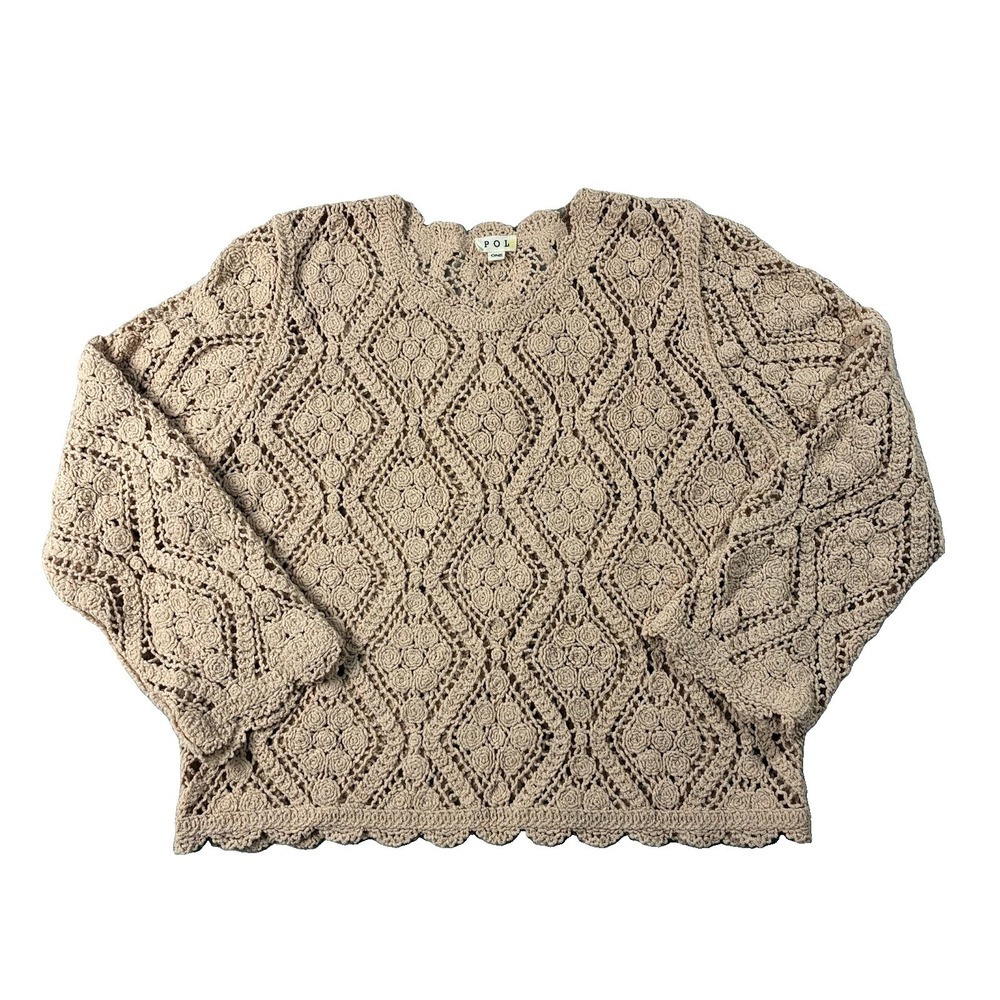 POL Open Knit Crocheted Long Sleeve Crewneck Sweater Beige Women's OS Boho Chic